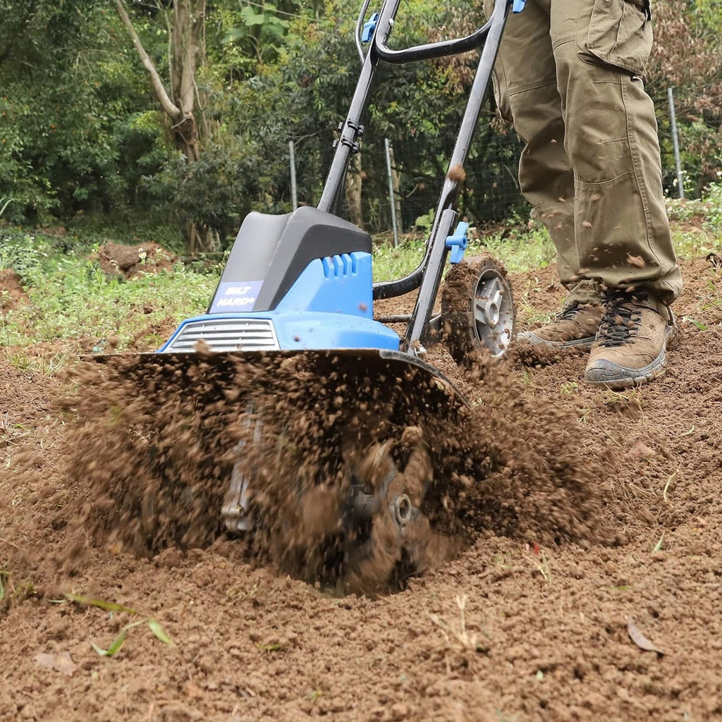 BILT HARD Tiller Cultivator 16 inch, 13.5 Amp 6 Steel Tines Electric Garden Rototiller with Adjustable Wheels
