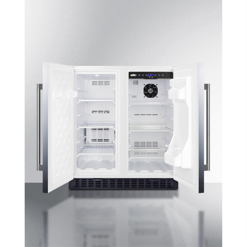 30" wide undercounter frost-free side-by-side refrigerator-freezer in stainless steel with locks, stainless steel handles, and digital controls