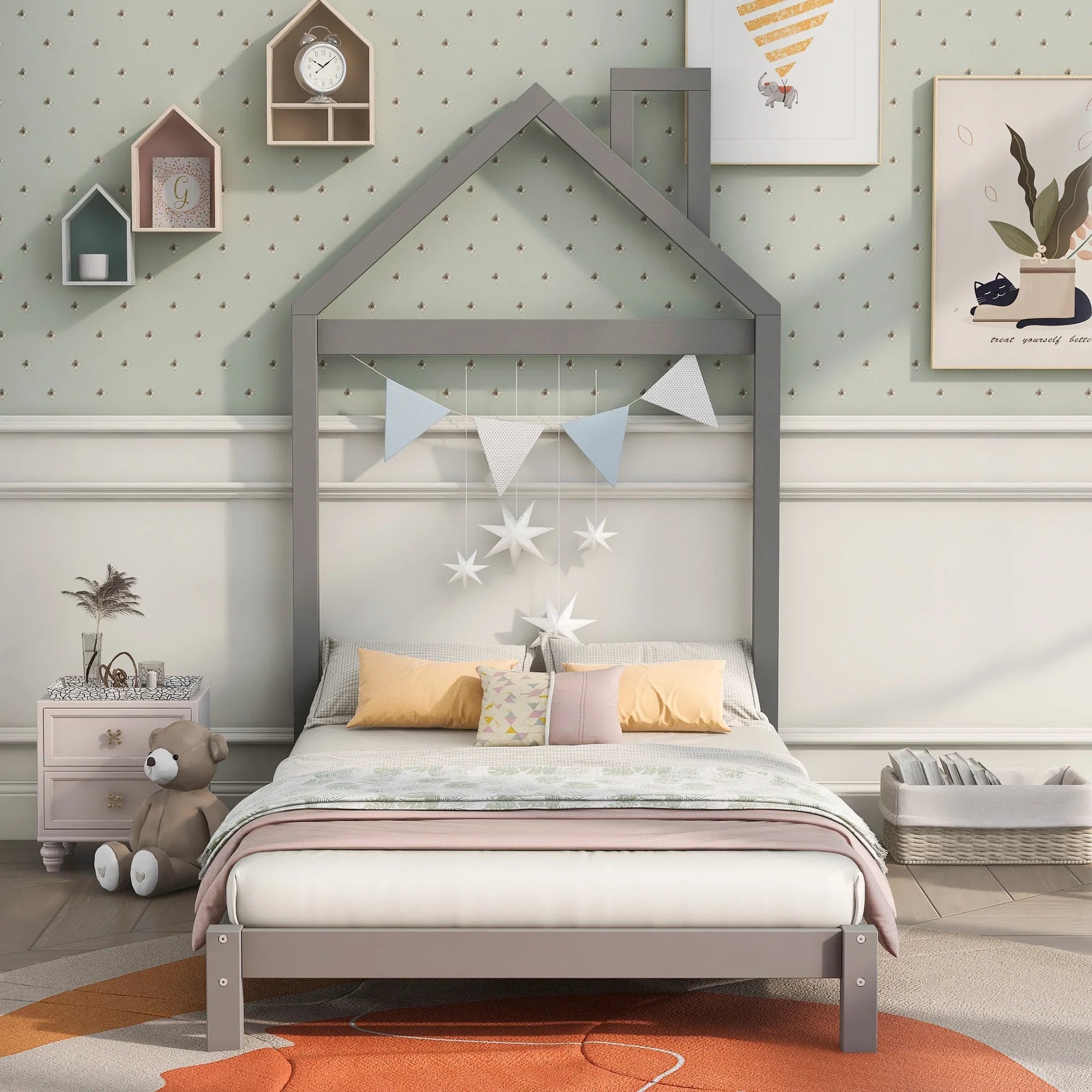 uhomepro Kids Twin Bed Frame with House Frame Headboard, Pretty Platform Bed Frame for Girls Boys, Wood Bed Frame Twin Size Bedroom Furniture with Wood Slats Support, No Box Spring Needed, Gray