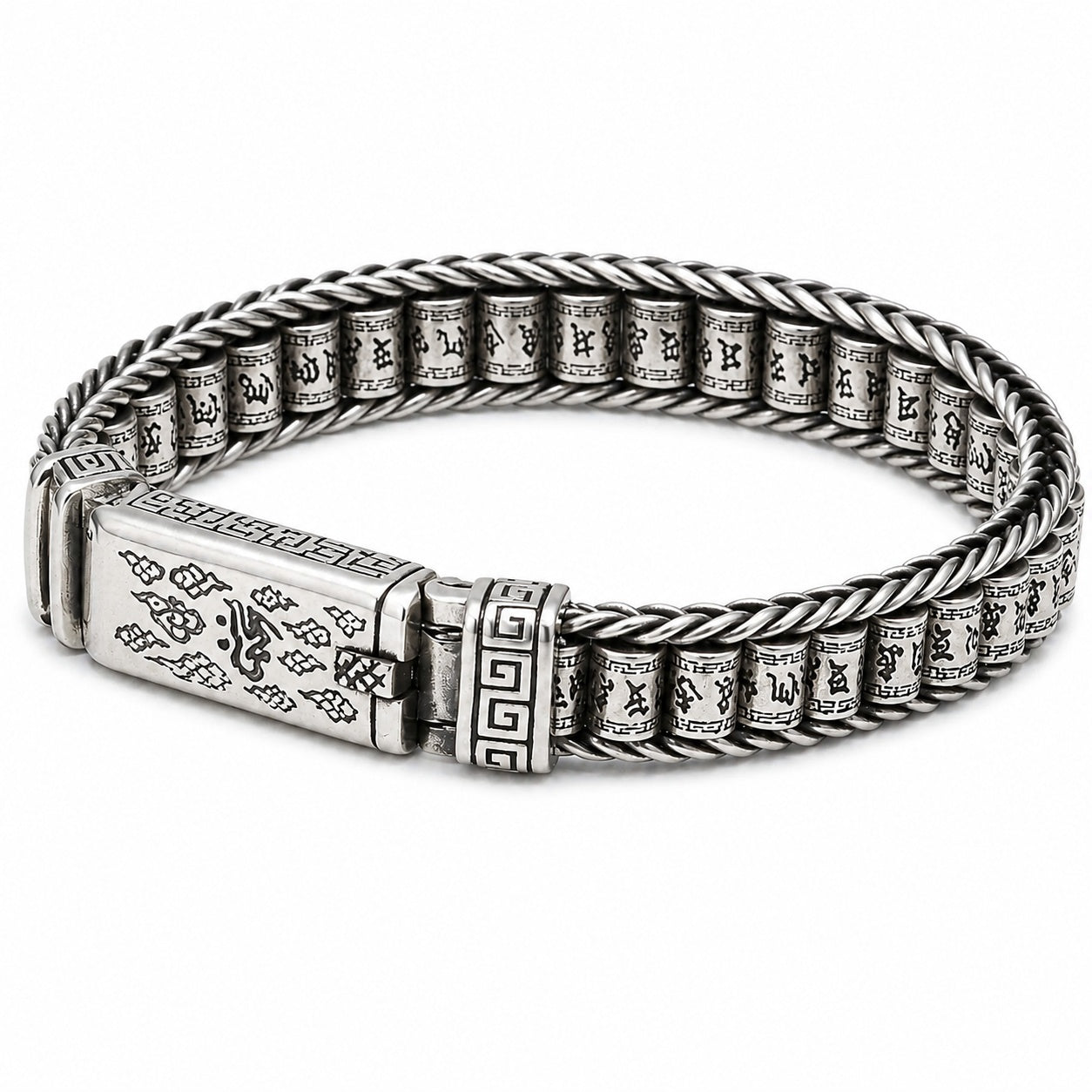 Antique Tibetan Mantra Braided Chain ID Bracelet For Men, Copper Plated Silver Vintage Oxidized Buddhist Scripture Biker Lucky Wrist Jewelry Gift