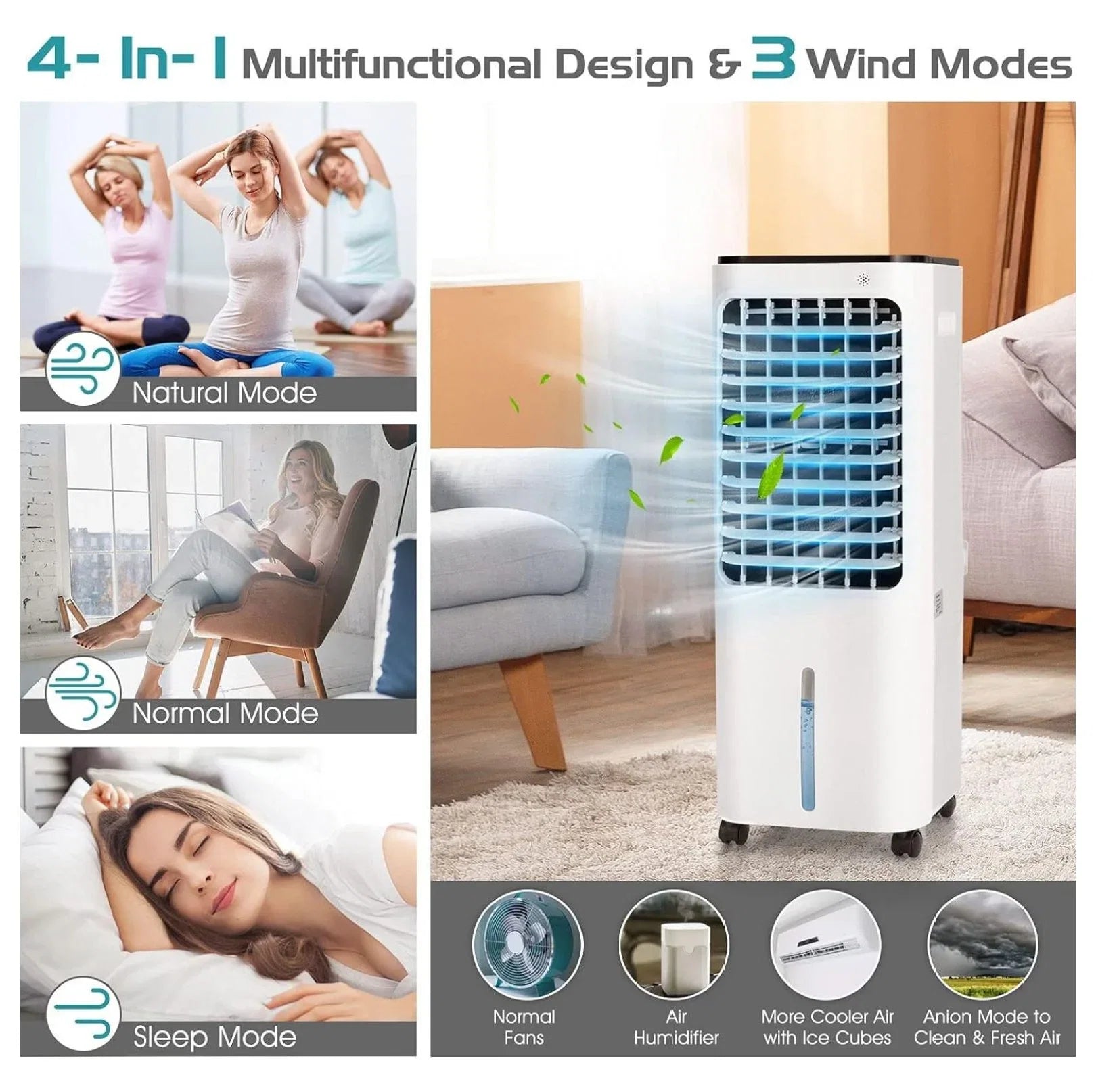 Evaporative Cooler, Include Control, 4 Ice Packs, Bladeless Fan with 4 Wind Modes, 3 Speeds, 7.5H Timer, 12L Water , LED Display, Portable Air Cooler for Indoor Use, Bedroom, White