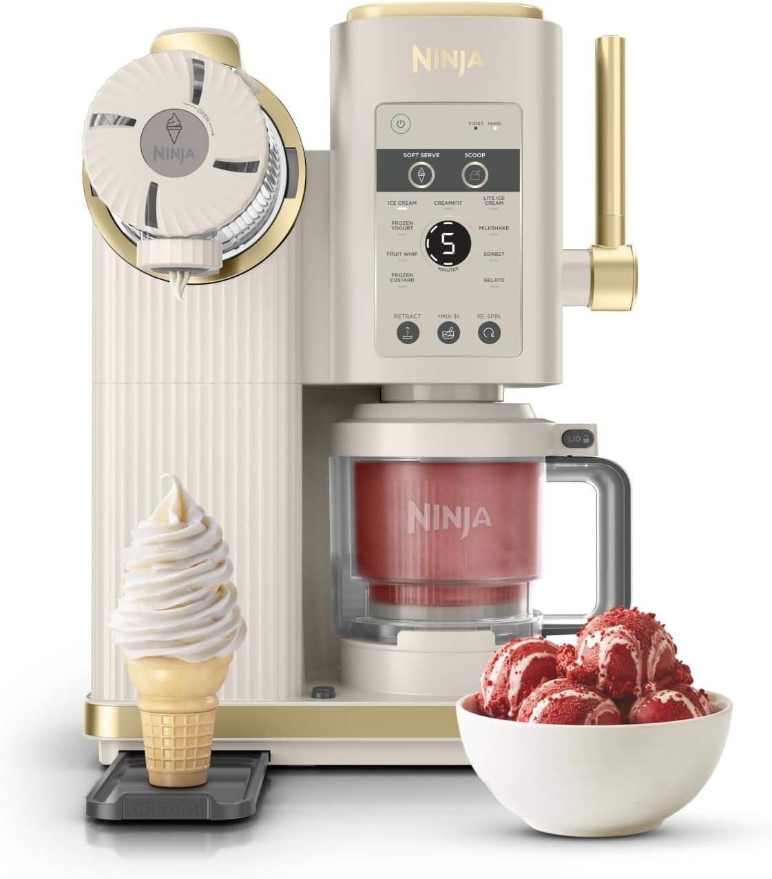 Ninja CREAMi Sorbetière Scoop and Swirl avec 2 pots, 13 modes NC701EUSTGD | pour réaliser crèmes glacées, glaces à l’italienne, gelatos, sorbets, milkshakes et plus, option Extra, Stone/Or