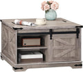 HOOBRO Farmhouse Coffee Table for Living Room with Single Sliding Barn Door Lift Top and Hidden Space Gray BG80KF01