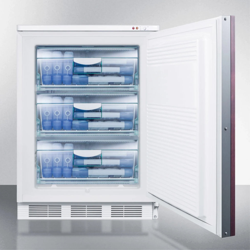 Built-in medical all-freezer with lock, capable of -25 C operation; door accepts custom overlay panels