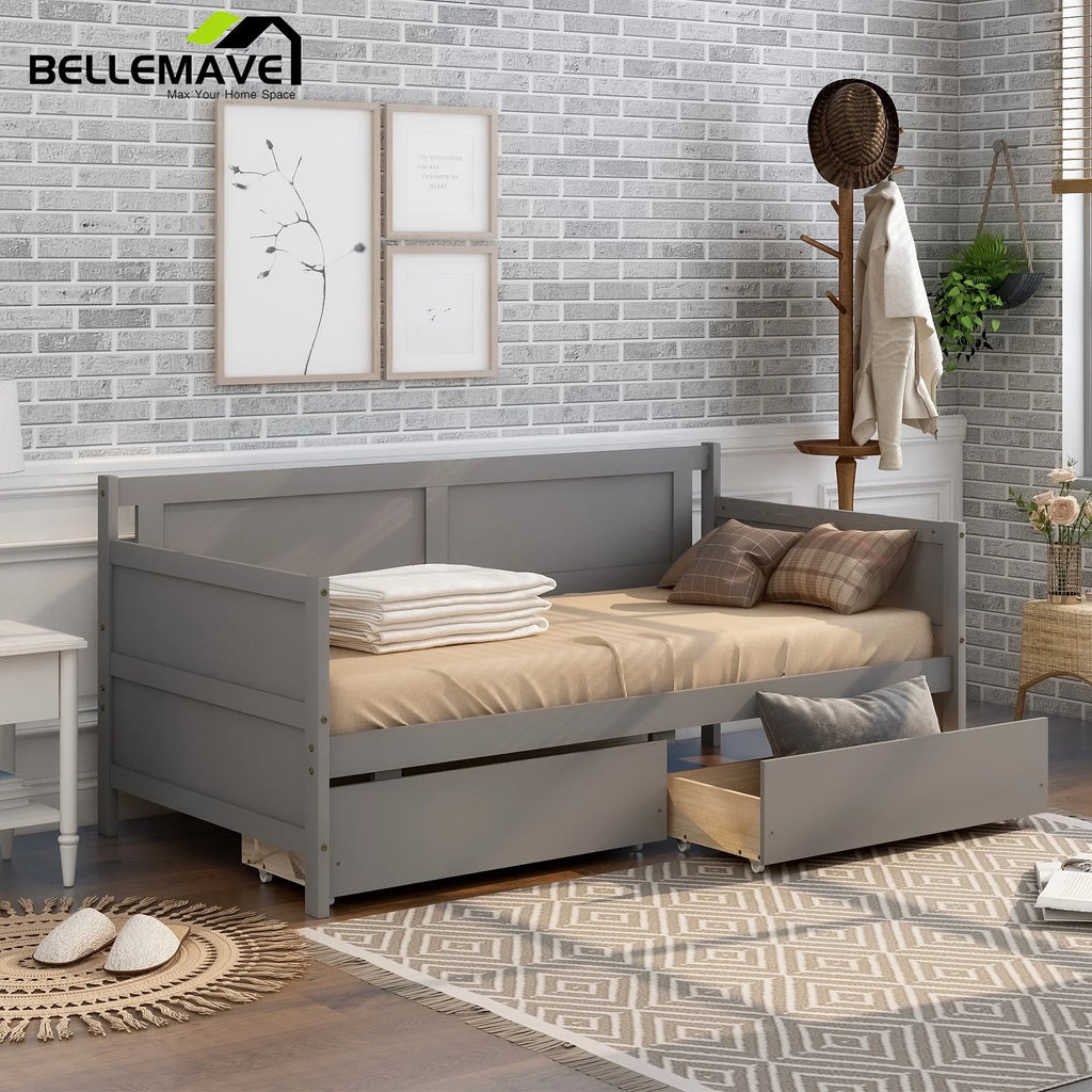 Bellemave Modern Twin Daybed with Storage Drawers Sturdy Wood Bed Frame Sofa Bed with Backrest and Armrest Storage Daybed Sofa Couch for Living Room or Bedroom, Gray