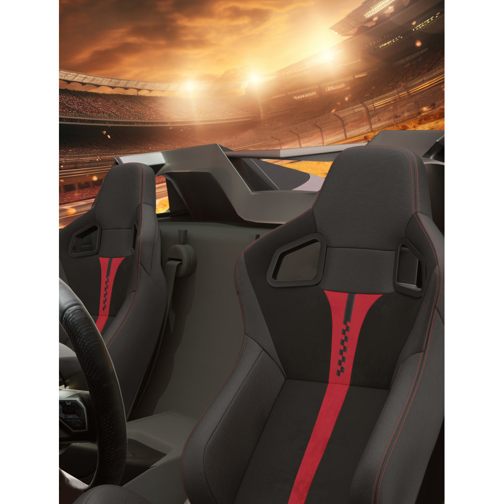 Zateety 2PC New Universal Bucket Racing Seats Red Stitch Red PVC Leather Reclinable Carbon Look Leather Back With Adjustor Slider(Not Including Seat Bracket ) 1 box of 2 pieces