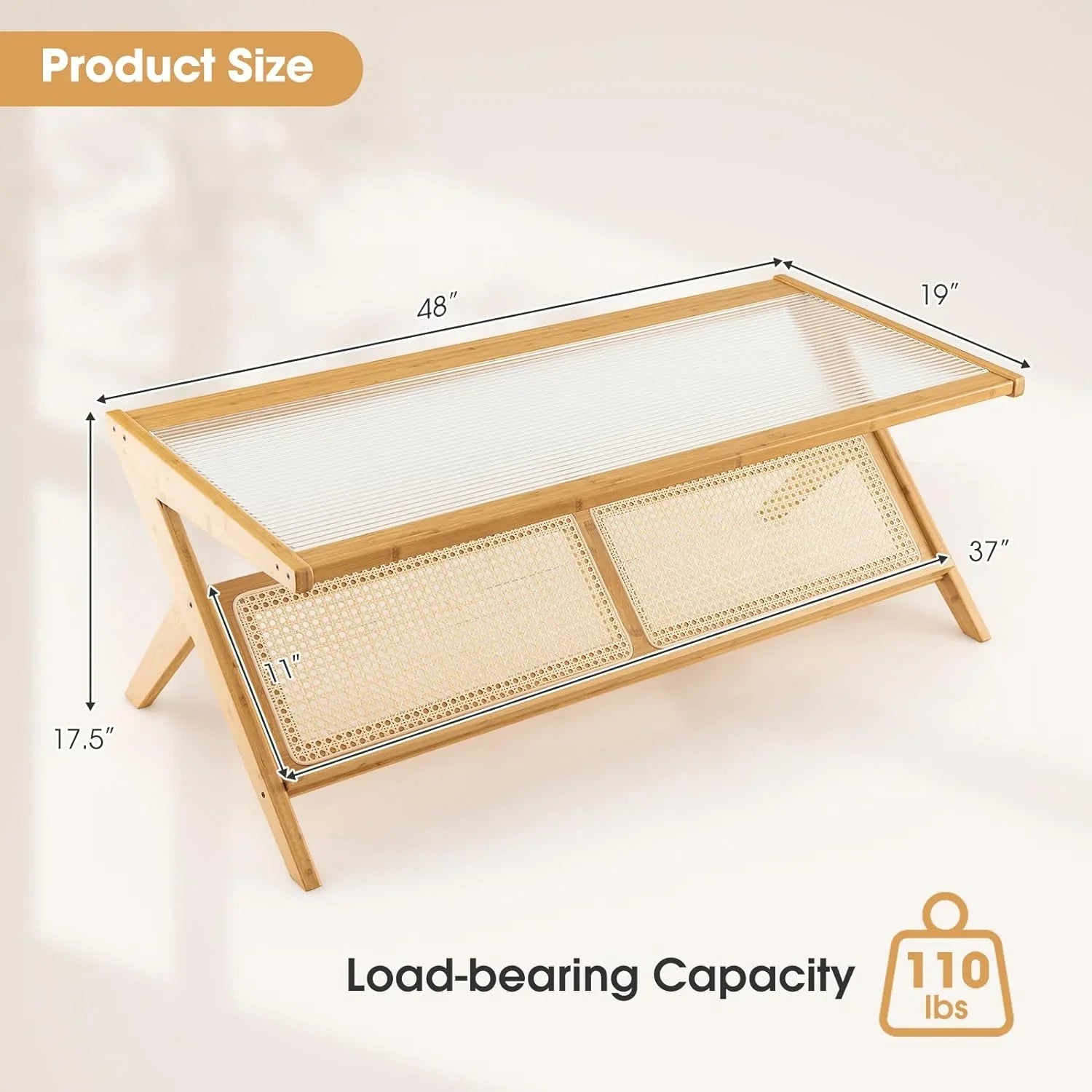 Bamboo Coffee Table, 2-Tier Rectangular Coffee Table with Glass Tabletop, Modern Center Table with Handwoven Rattan Storage Shelf, 48” Tea Table Cocktail Table for Living Room, Office, Natural