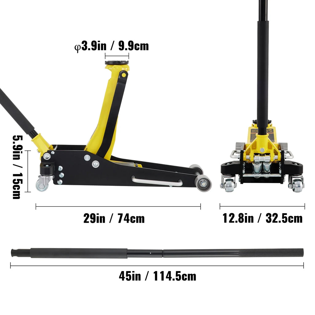 SKYSHALO Low Profile Floor Jack 3 ton (6600 lbs), Dual Piston Quick Lift Pump, 19-11/16"-3-6/11" Height Lifting Range, Yellow+Black, Aluminum and Steel Hydraulic Racing Floor Jack