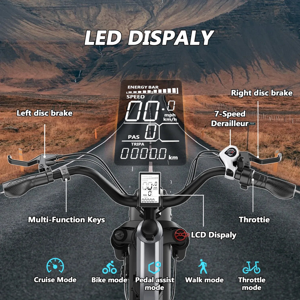 Electric Bike For Adults, 20'' Fat Tire Folding Ebike With 750W Brushless Motor 48V 25AH Battery, 7 Speed 20MPH, Foldable E-Bikes