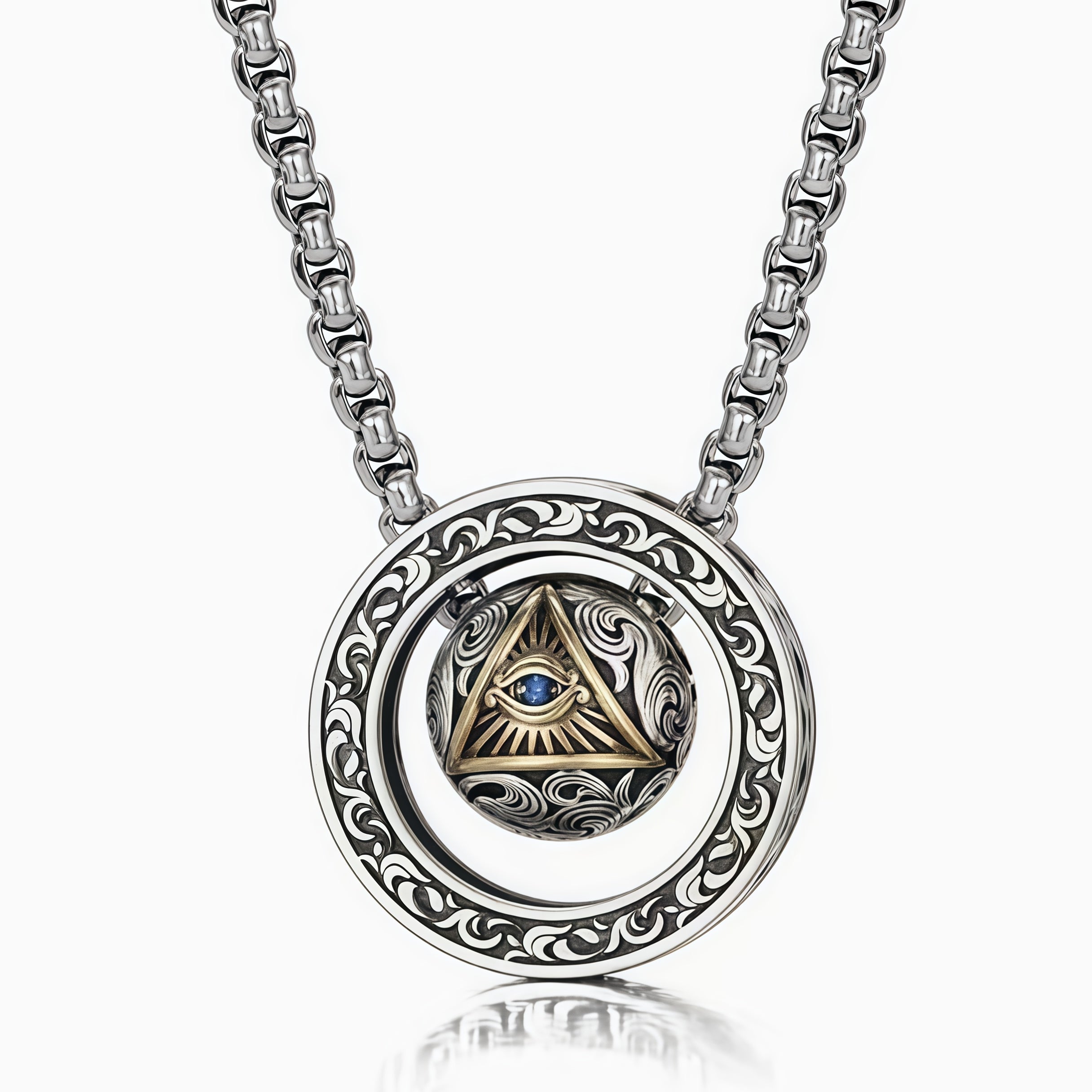 Vintage All-Seeing Eye Rotatable Round Ball Circle Pendant Necklace For Men, Copper Plated Silver Triangular Eye With Blue Zircon Scroll Engraving Punk Amulet Jewelry Gift