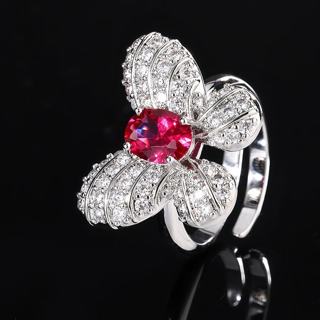 Oval  CZ Pave Bow Open Ring For Women, Copper Plated Silver Split Shank Adjustable Cocktail Wedding Statement Jewelry Gift