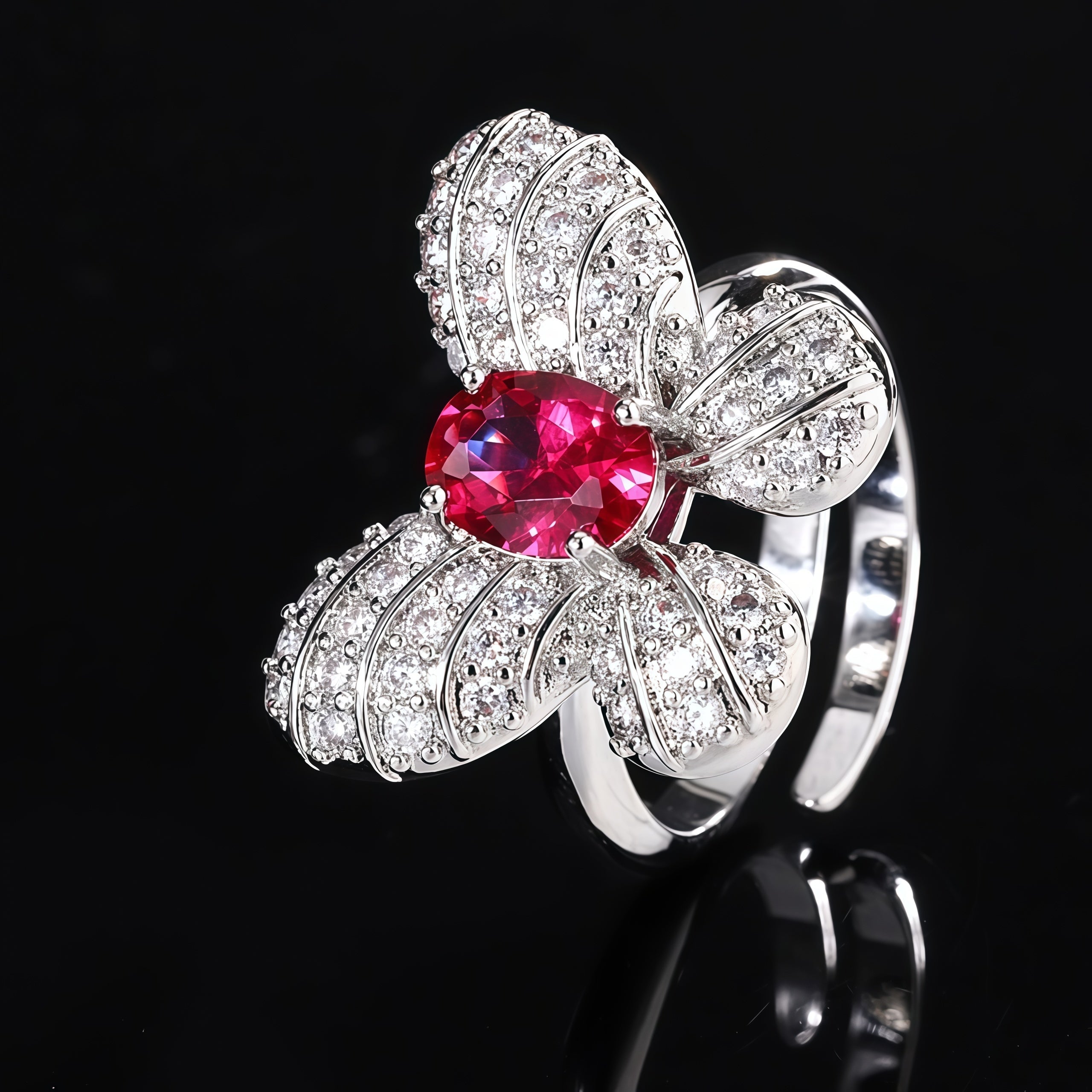 Oval  CZ Pave Bow Open Ring For Women, Copper Plated Silver Split Shank Adjustable Cocktail Wedding Statement Jewelry Gift