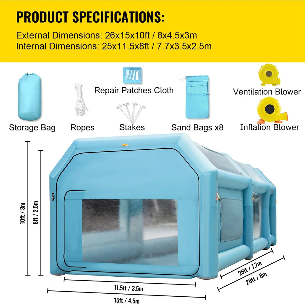 BENTISM Inflatable Spray Booth Car Paint Tent 26x15x10FT Filter System 2 Blowers