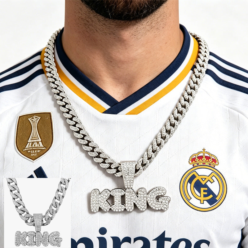 13mm Width Football Pendant Necklace,Full Diamond King Fashion Pendant Necklace, 3D Diamond Gold Zinc Alloy Stainless Steel Religious Zircon