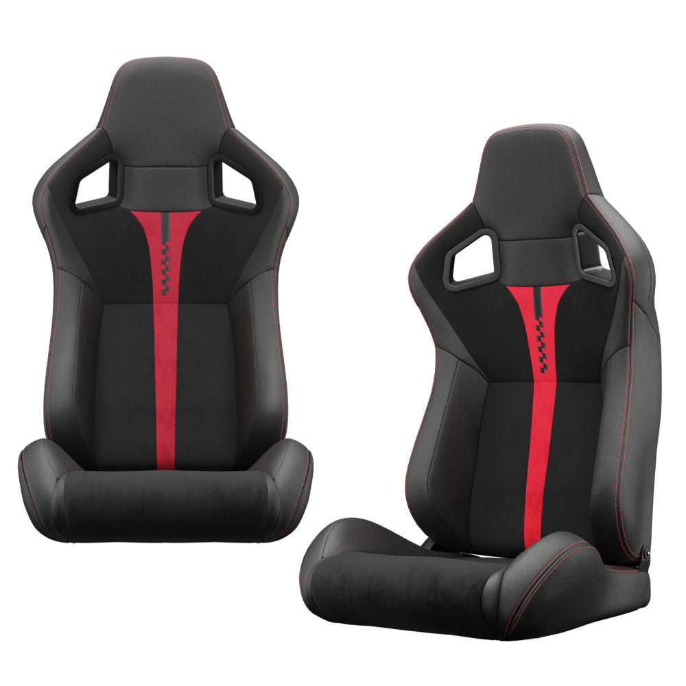 Zateety 2PC New Universal Bucket Racing Seats Red Stitch Red PVC Leather Reclinable Carbon Look Leather Back With Adjustor Slider(Not Including Seat Bracket ) 1 box of 2 pieces
