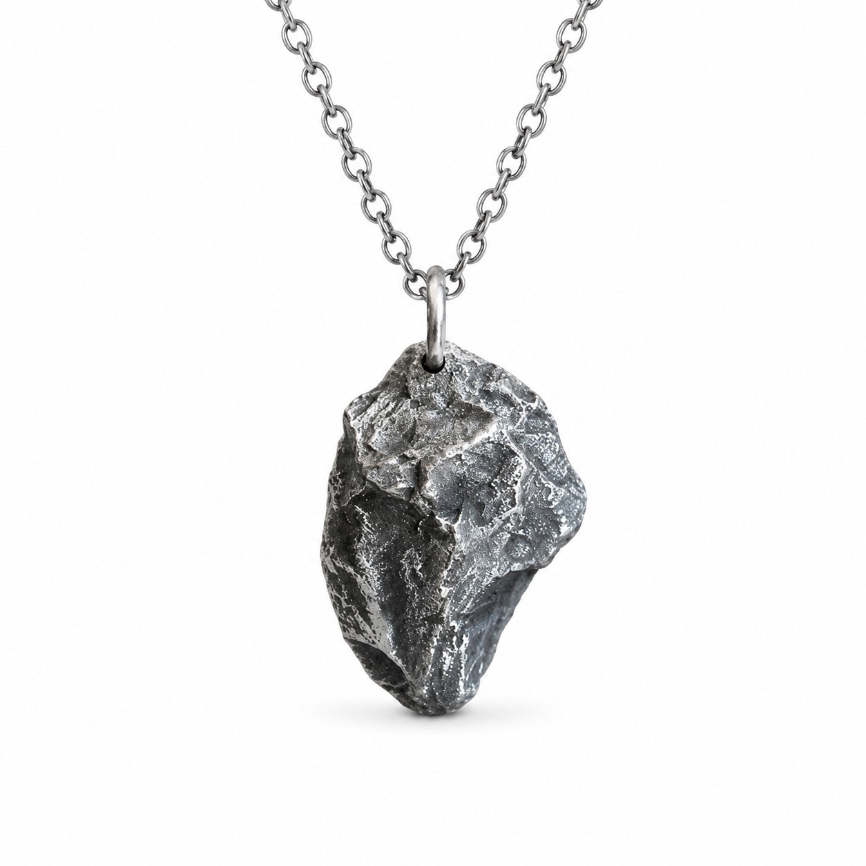 Raw Meteorite Stone Shape Antiqued Pendant Necklace For Men, Copper Plated Silver Irregular Rough Rock Vintage Gothic Biker Casual Street Jewelry Gift