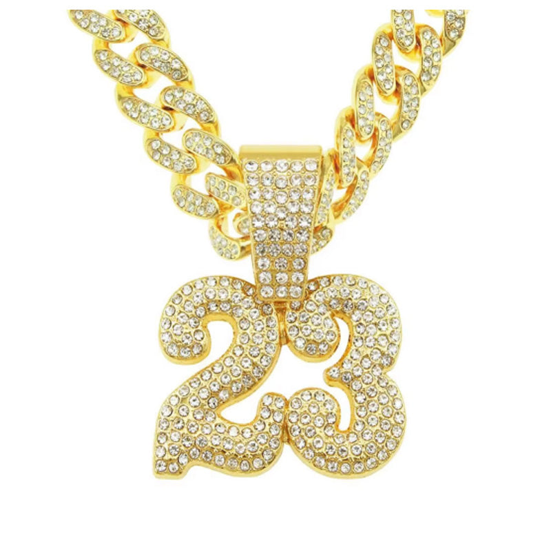 13mm Width Football Pendant Necklace,Number 23 Chain Iced Out Pendant Necklace, 3D Diamond Gold Zinc Alloy Stainless Steel Religious Zircon