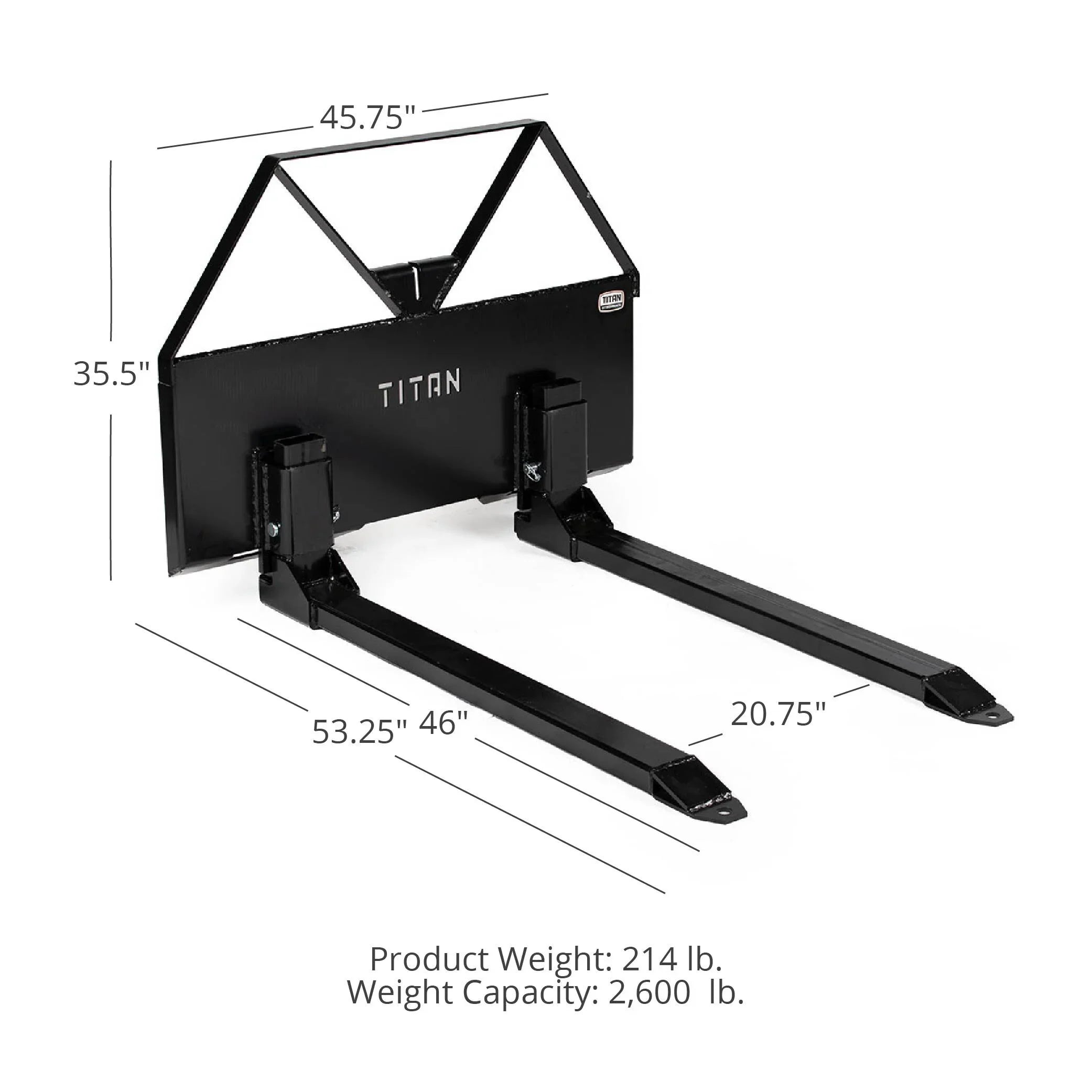Titan Attachments Pin-On Pallet Fork Frame Attachment, 46" Hefty Fork Blades with Hitch Ball Hole, Chain Buckle Retainer, Universal Skid Steer Quick Tach Mounting System, 2600 LB Load Capacity