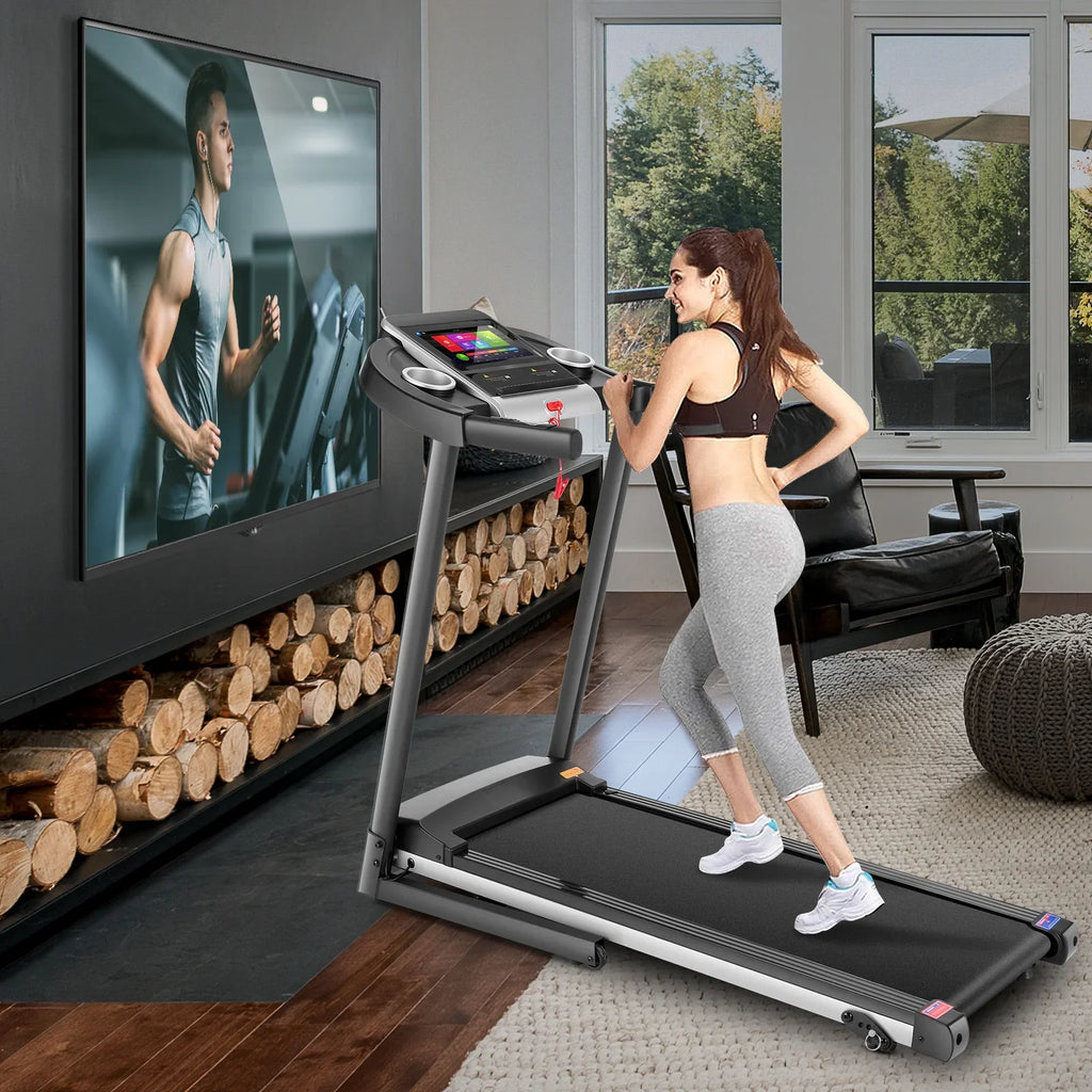 Simpfree Treadmill with 10" HD TV Movie Touchscreen and 3D Virtual Sports Scene, 0.5-9.0 mph/h & 3.25HP Electric Treadmill with Incline for Home（Black）