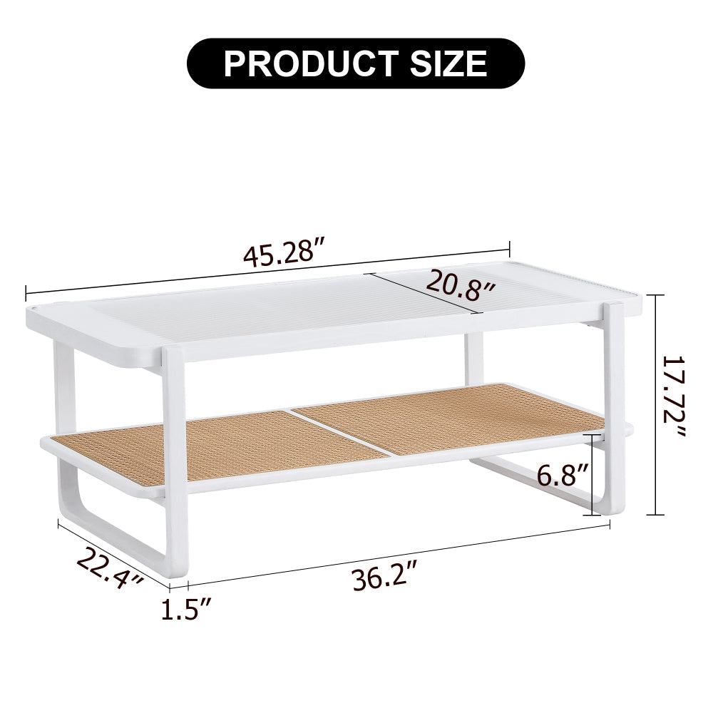 Glass Top, Imitation Rattan Side Table. Modern Minimalist White Double-walled Solid Wood Coffee Table. Rectangular Tables for Living Rooms, Dining Rooms and Bedrooms