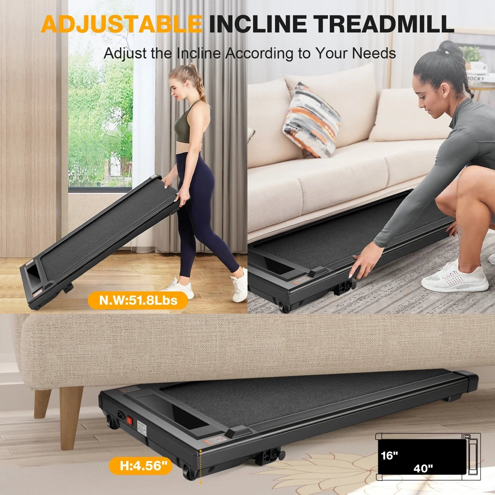 Tikmboex 2.5HP Walking Pad Under Desk Treadmill with LED Touch Screen Remote Control, 2 in 1 Treadmills for Home Office, Black