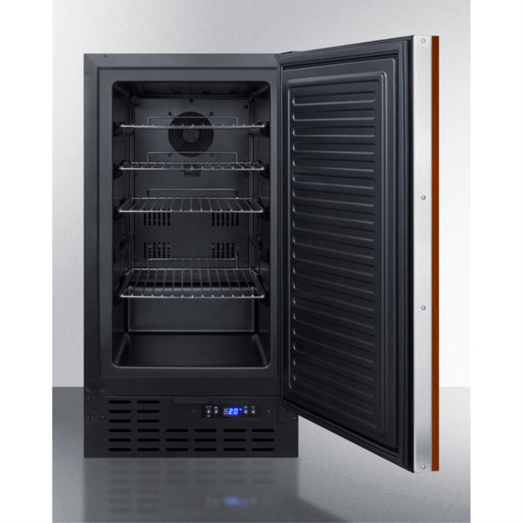 18" wide frost-free freezer in black for built-in or freestanding use, with integrated door frame for overlay panels