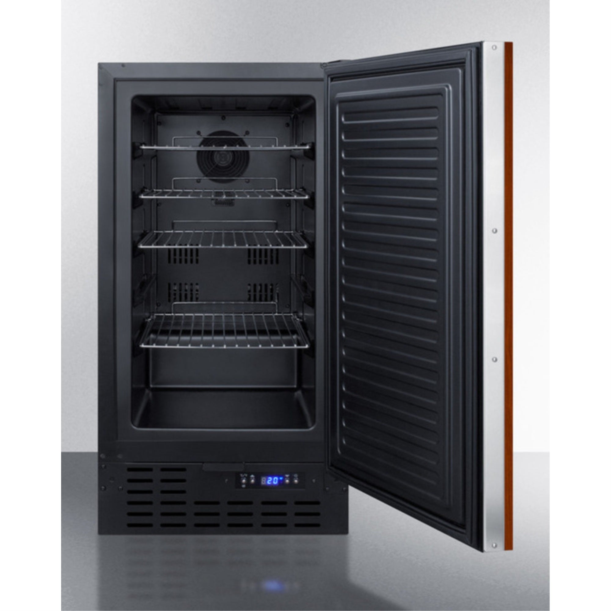18" wide frost-free freezer in black for built-in or freestanding use, with integrated door frame for overlay panels