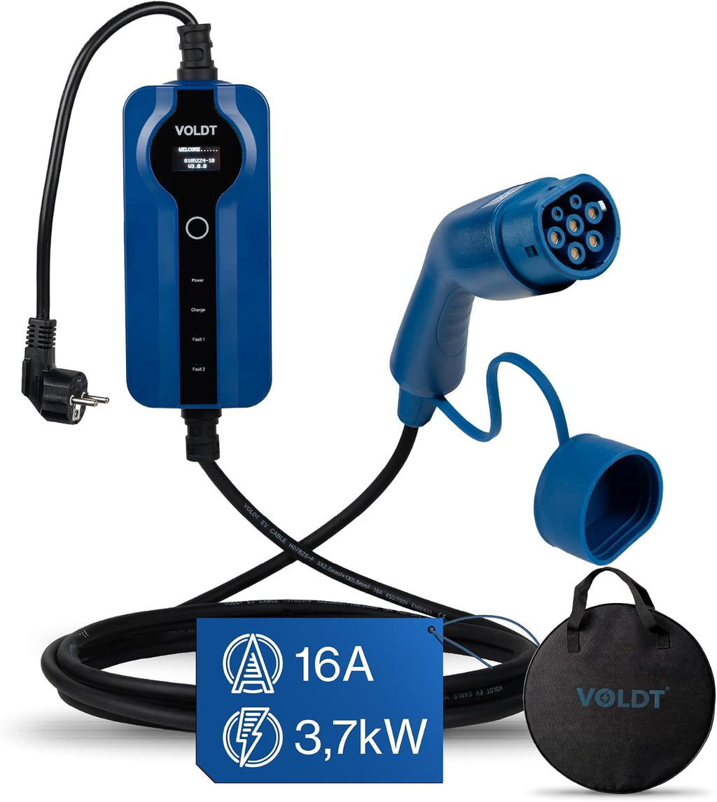 Câble de Charge VOLDT Type 2 Schuko 3,7 KW, monophasé, 8A - 16A, Chargeur EV réglable avec Affichage numérique contrôlable pour Voiture électrique (Length 5)