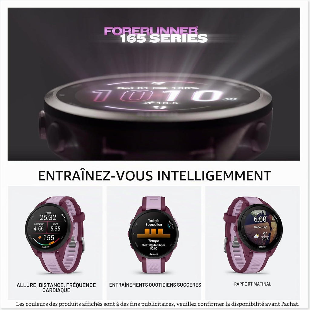 Garmin Forerunner 165 Music GPS 43 mm Montre connectée de course légère, écran tactile AMOLED, entraînement avancé & Insights, caractéristiques de sécurité et de suivi, jusqu'à 11 jours d'autonomie de