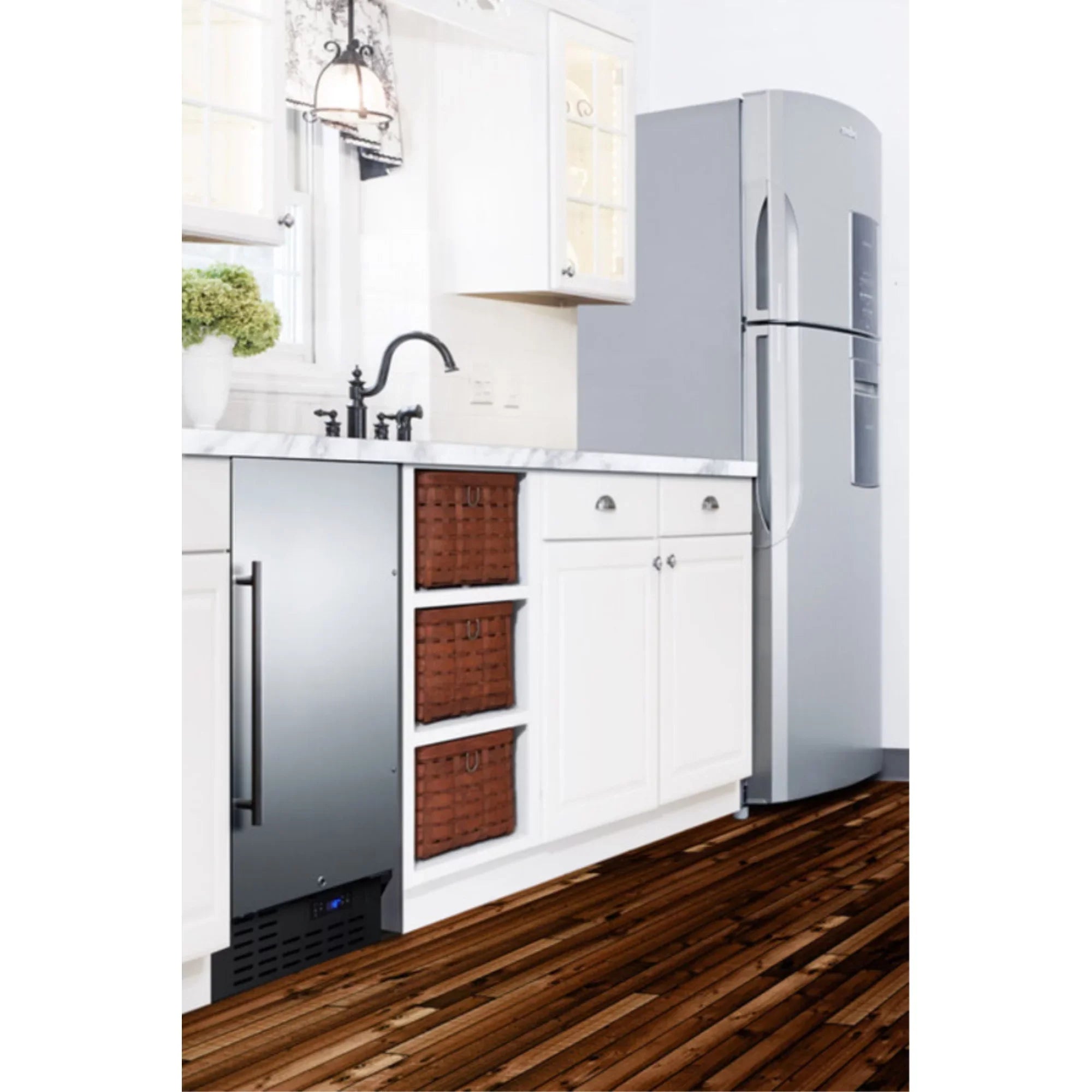 ADA compliant 18" wide frost-free freezer built-in or freestanding use, with stainless steel exterior, lock, and digital thermostat