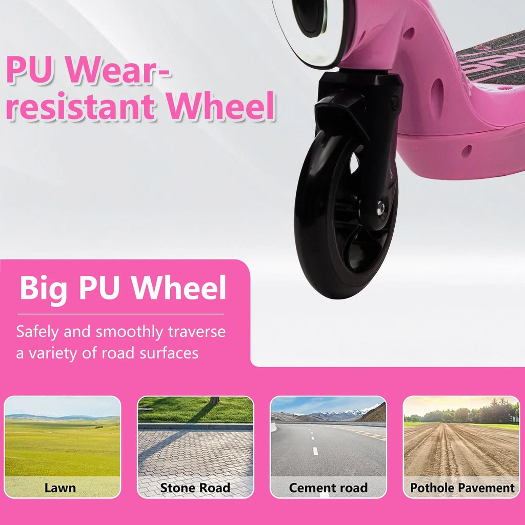 iRerts Kids Electric Scooter for 6-14 Year Old, Portable Kids Scooter for Boys Girls, 12V 45W Kids Electric Scooter with Front Big Light, Rear Brake, Colorful Deck Light, Pink