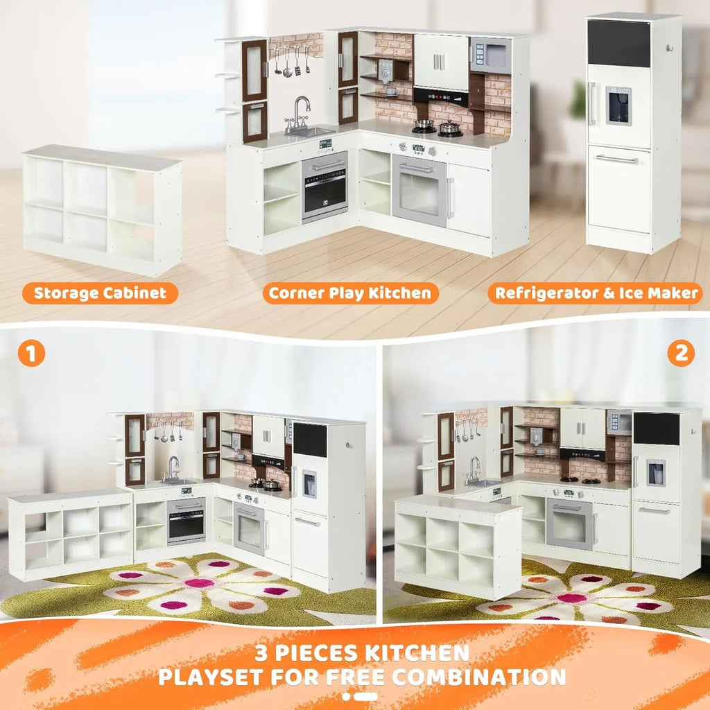 BRINJOY 3-Piece Kids Kitchen Playset, Walk-in Wooden Play Kitchen Set for Toddlers, Modular Pretend Play Kitchen w/Light&Sound, Large Corner Kitchen Cooking Toy w/Coffee Capsule, Gift for Girls Boys