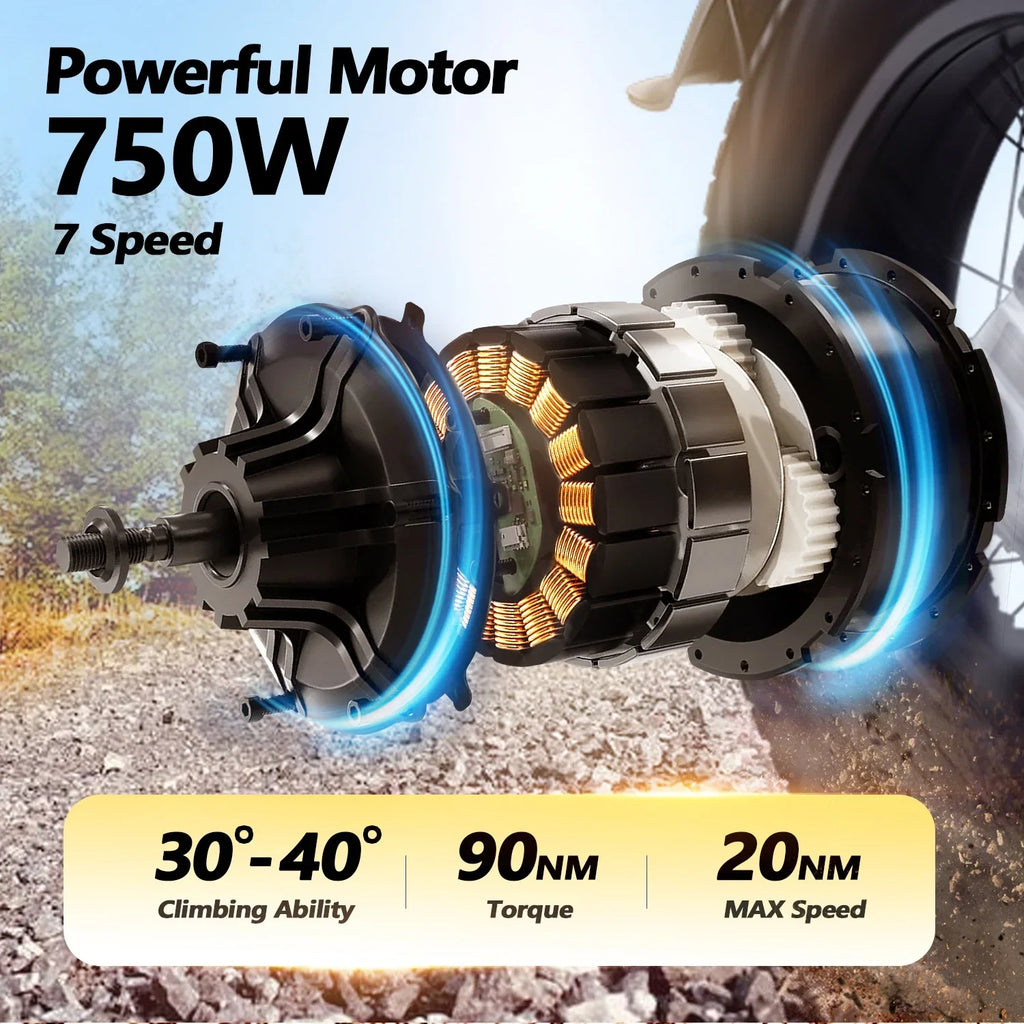 Electric Bike For Adults, 20'' Fat Tire Folding Ebike With 750W Brushless Motor 48V 25AH Battery, 7 Speed 20MPH, Foldable E-Bikes