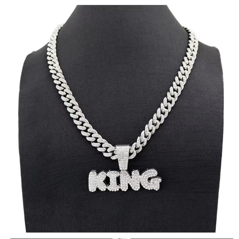 13mm Width Football Pendant Necklace,Full Diamond King Fashion Pendant Necklace, 3D Diamond Gold Zinc Alloy Stainless Steel Religious Zircon