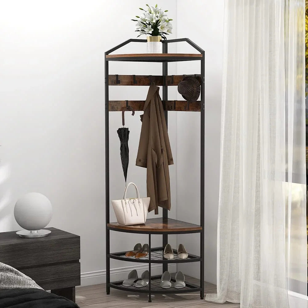 Corner Hall Tree with Shoe Bench Entryway Coat Rack with 10 Metal Movable Hooks Freestanding Clothes Rack Shoes Shelf Organizer for Home Office Bedroom (Rustic Brown)
