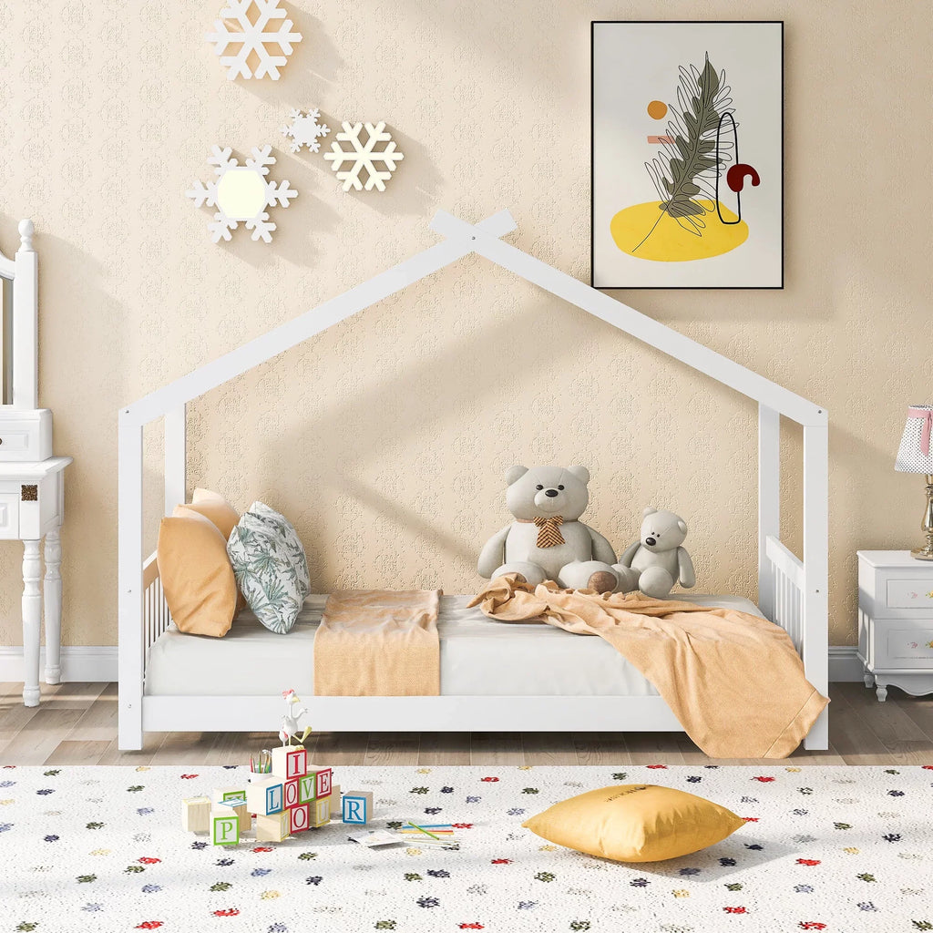 Twin Size White House Platform Bed with Roof Design Headboard and Footboard, Kids Bedroom Furniture