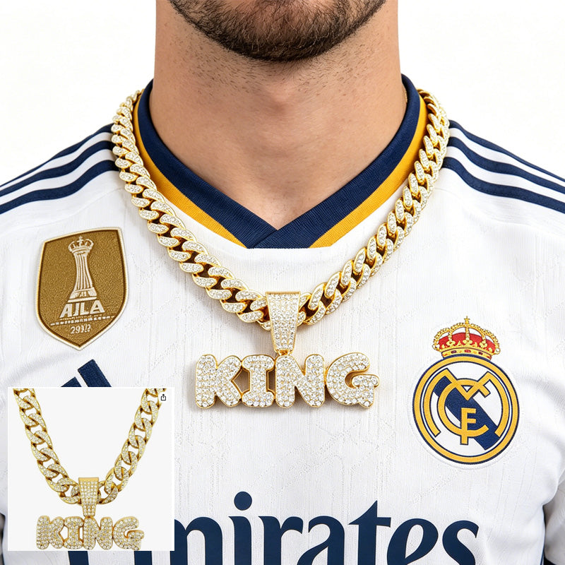 13mm Width Football Pendant Necklace,Full Diamond King Fashion Pendant Necklace, 3D Diamond Gold Zinc Alloy Stainless Steel Religious Zircon