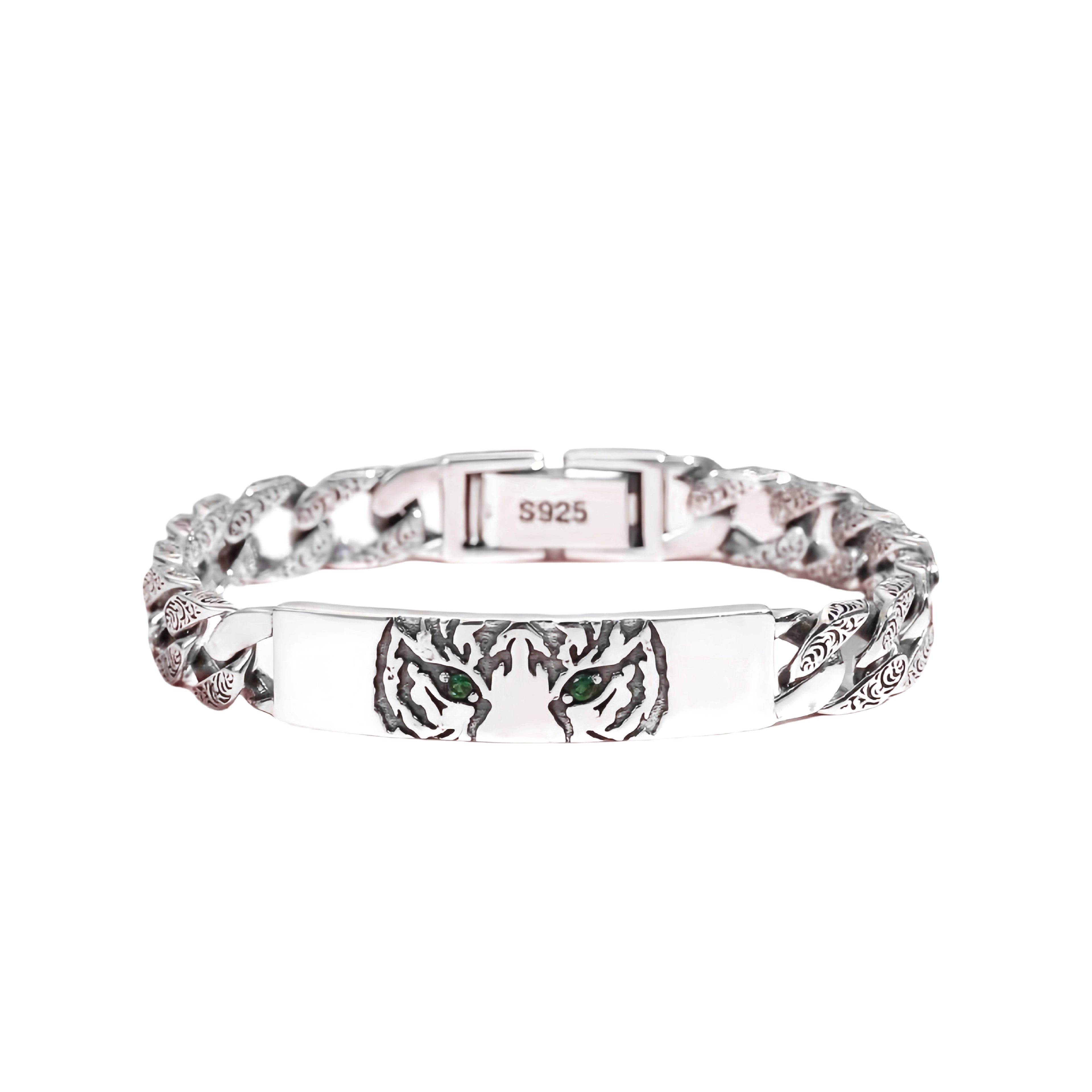 Vintage Engraved Tiger Head Curb Chain ID Bracelet For Men, Copper Plated Silver Inlaid Green CZ Eye Biker Punk Casual Wrist Jewelry Gift