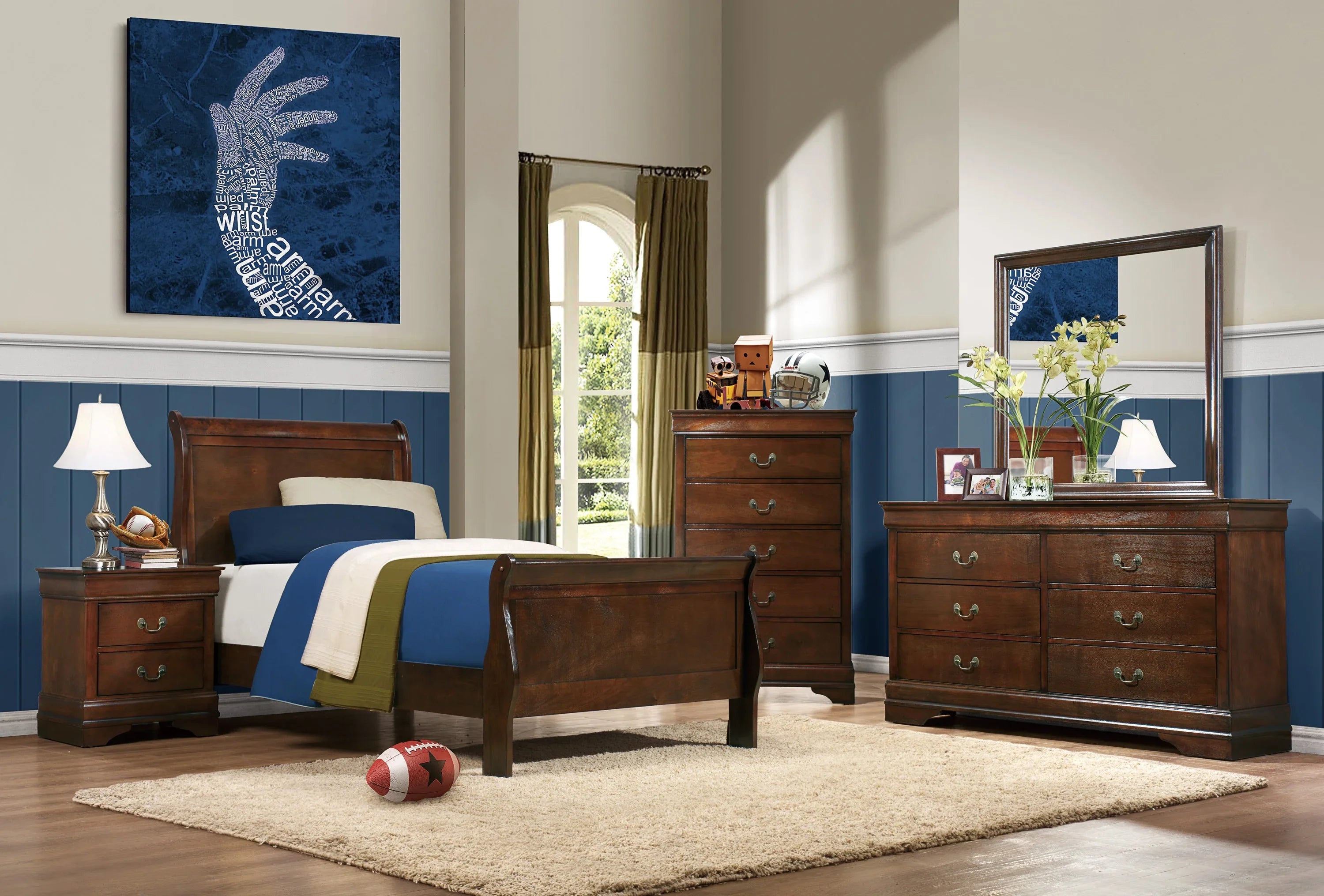 Homiyad Classic Louis Philipe Style Twin Size Bed Brown Cherry Finish 1Pc Traditional Design Bedroom Furniture Sleigh Bed