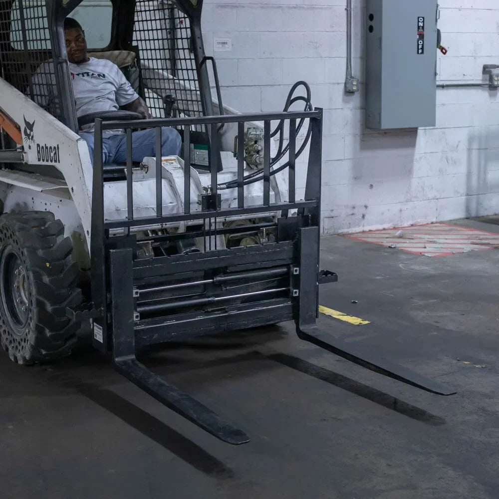Titan Attachments Standard Series Adjustable Hydraulic Sliding Skid Steer Pallet Fork Frame, 4,000 LB Capacity, Adjusts 8in to 40in Hydraulically, Side Steps for Easy Entry, Quick Tach Mounting System