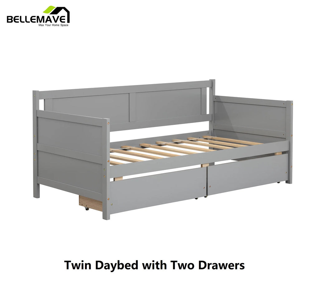 Bellemave Modern Twin Daybed with Storage Drawers Sturdy Wood Bed Frame Sofa Bed with Backrest and Armrest Storage Daybed Sofa Couch for Living Room or Bedroom, Gray