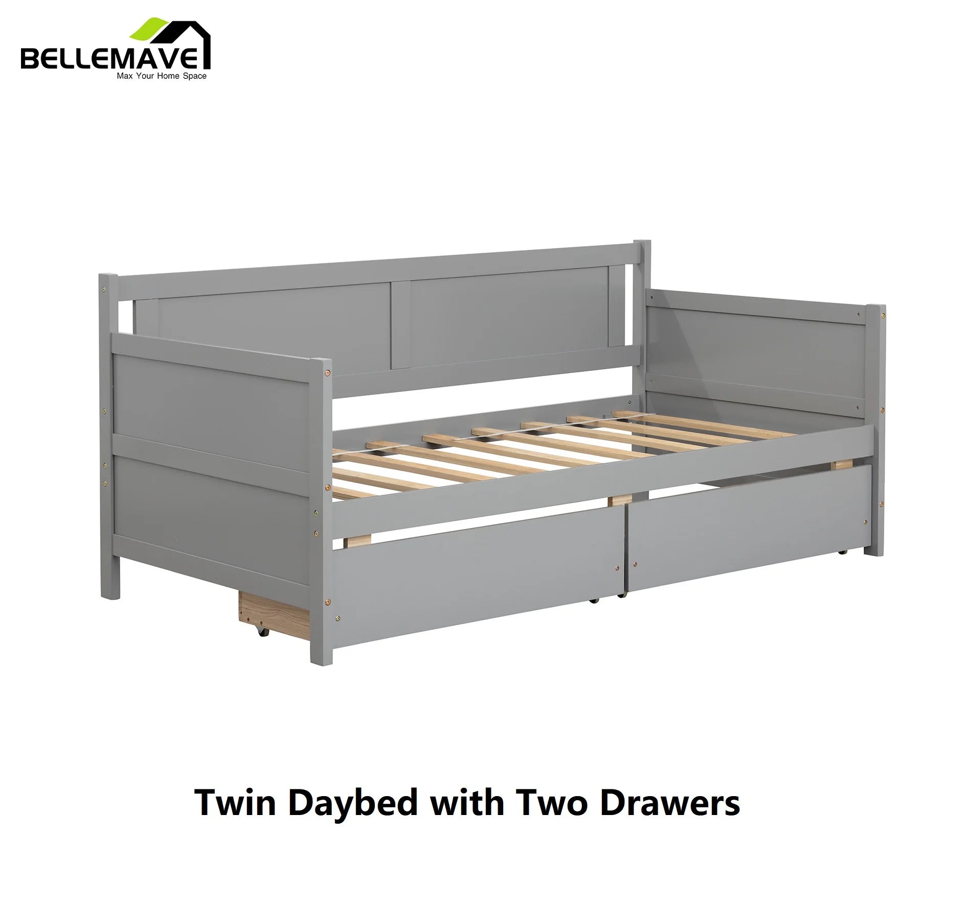 Bellemave Modern Twin Daybed with Storage Drawers Sturdy Wood Bed Frame Sofa Bed with Backrest and Armrest Storage Daybed Sofa Couch for Living Room or Bedroom, Gray
