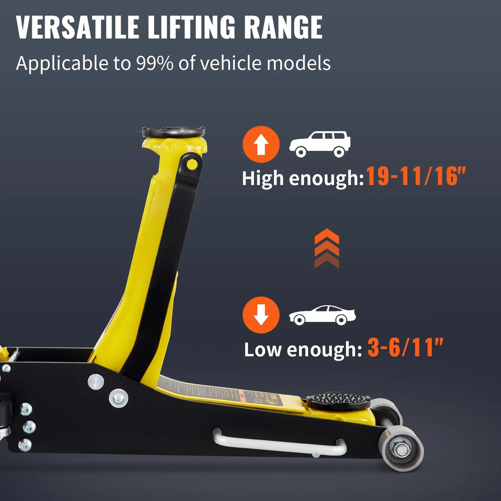BENTISM Low Profile Floor Jack 3 Ton (6600 lbs), Aluminum and Steel Hydraulic Racing Floor Jack, Dual Piston Quick Lift Pump, 19-11/16"-3-6/11" Height Lifting Range, Yellow+Black