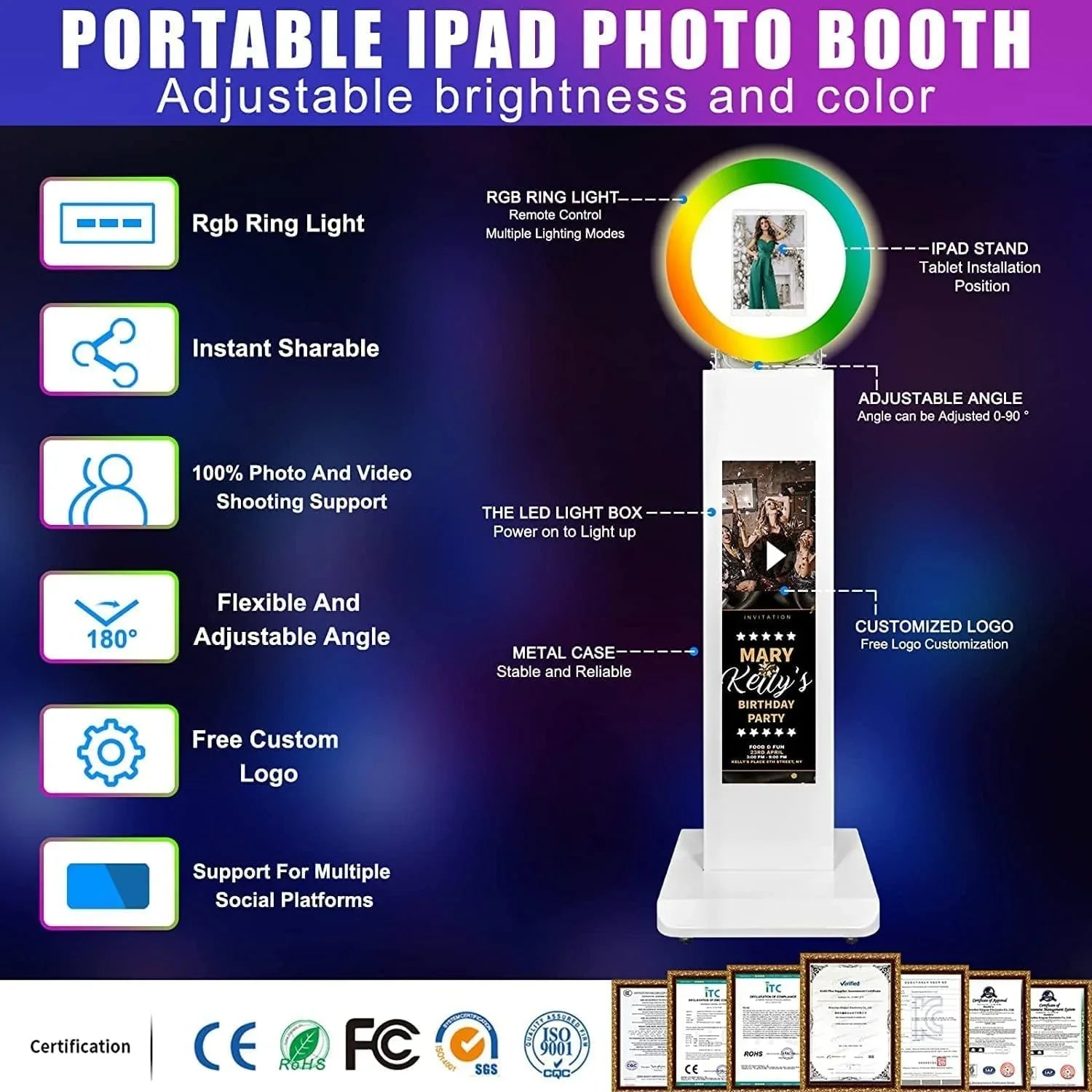 Portable iPad Photo Booth,Selfie photobooth Machine and Sharing Station for 10.2" 10.9" 11" 12.9" iPad,LCD Screen,RGB Ring Light,Remote Control, Adjustable Stan with Flight Case for Parties,Exhibition