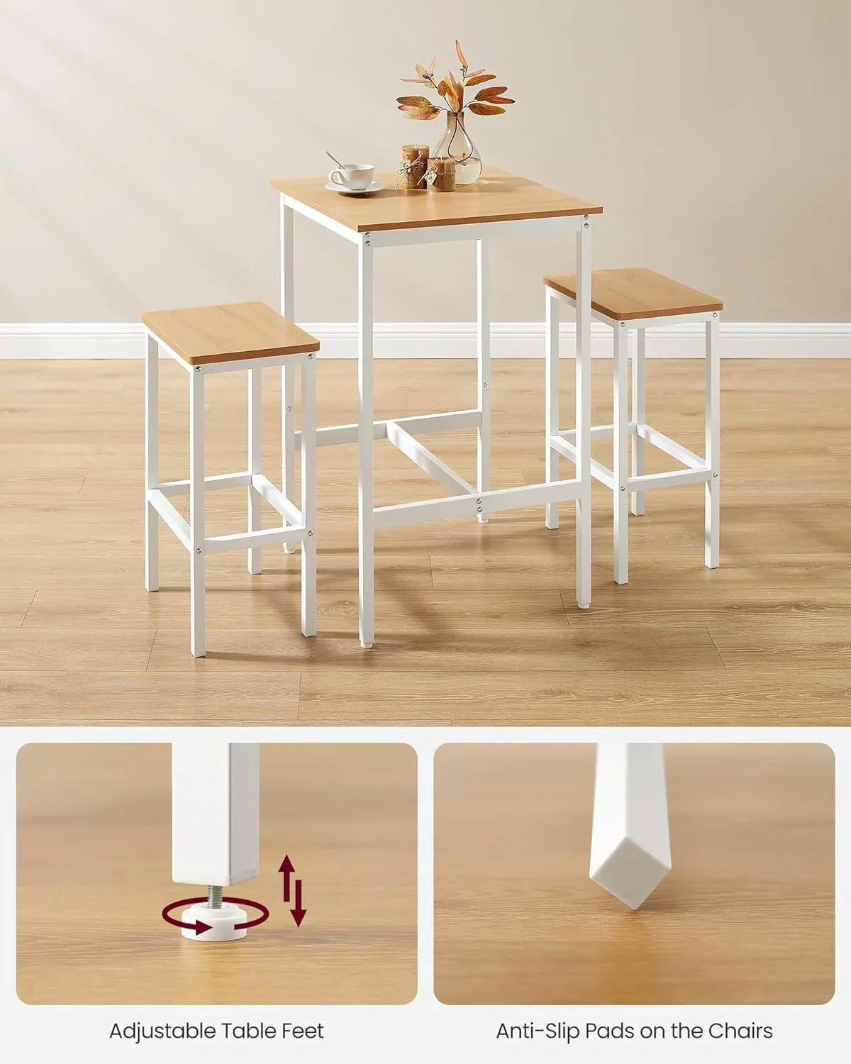 Bar Table and Chairs Set, Square Bar Table with 2 Bar Stools, Dining Pub Bar Table Set for 2, Space Saving for Kitchen Breakfast, Living Room, Party Room, Golden Oak and Cloud White