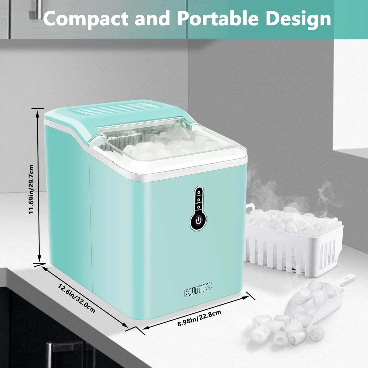 Ice Makers Countertop, 9 Bullet Ice in 6-9 Mins with Ice Scoop and Basket, 26.5 Lbs per Day, Portable Ice Maker for Home Office Camping Party RV, Blue