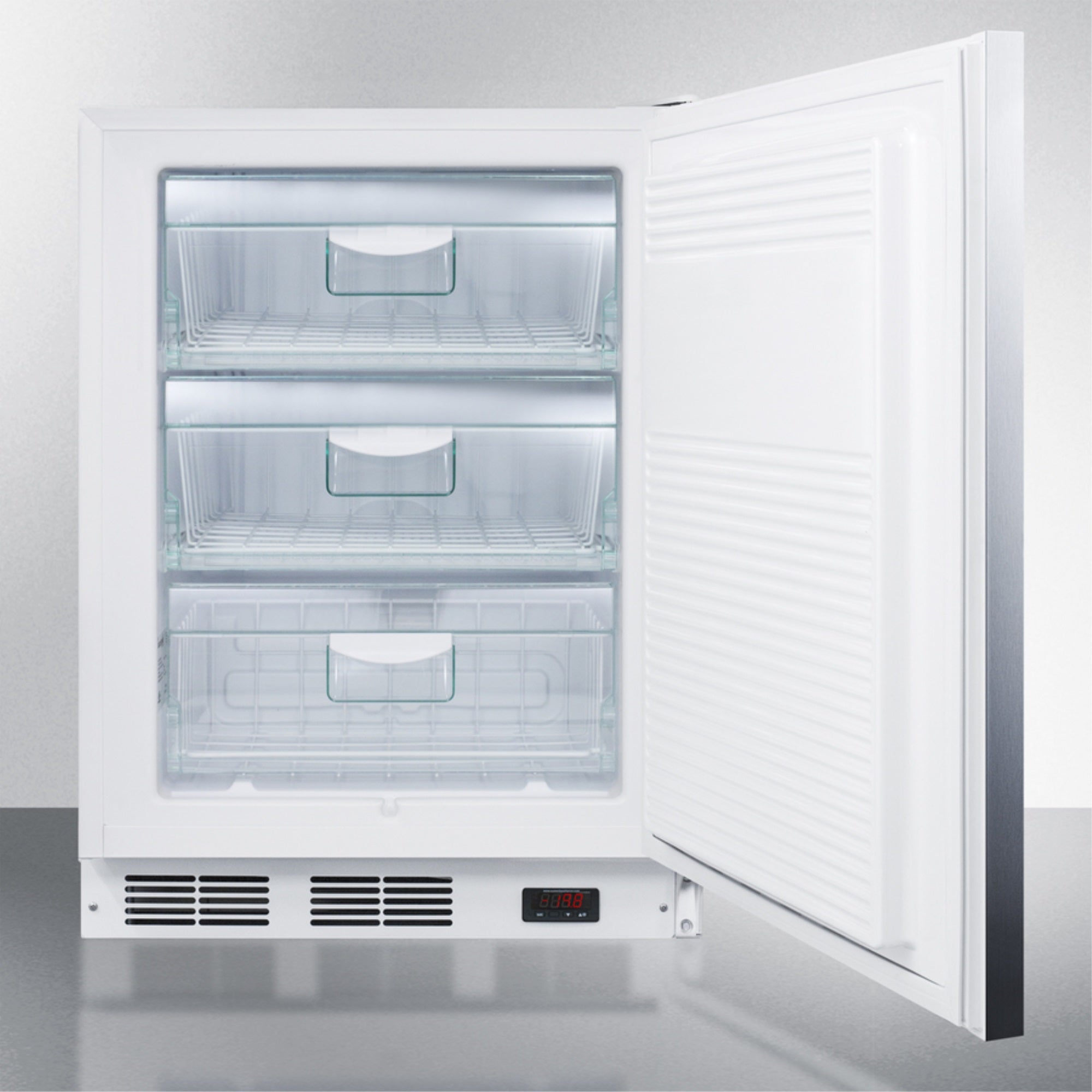ADA compliant commercial built-in medical all-freezer capable of -25 C operation, with wrapped stainless steel door, horizontal handle, and lock