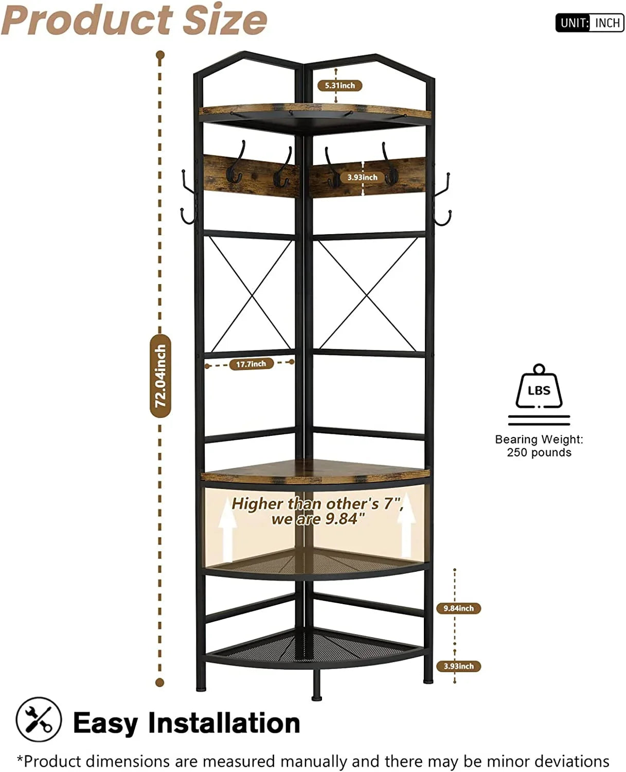 Corner Coat Rack Hall Tree with Shoe Bench Entryway Coat Rack with 6 Metal Hooks, Industrial Corner Shoe Racks Freestanding Corner Shelves Organizer Entryway Bench with Coat Rack & Storage