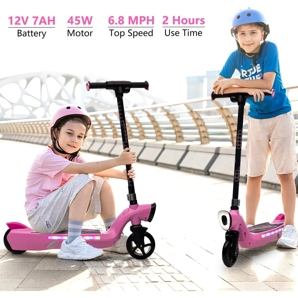 iRerts Kids Electric Scooter for 6-14 Year Old, Portable Kids Scooter for Boys Girls, 12V 45W Kids Electric Scooter with Front Big Light, Rear Brake, Colorful Deck Light, Pink