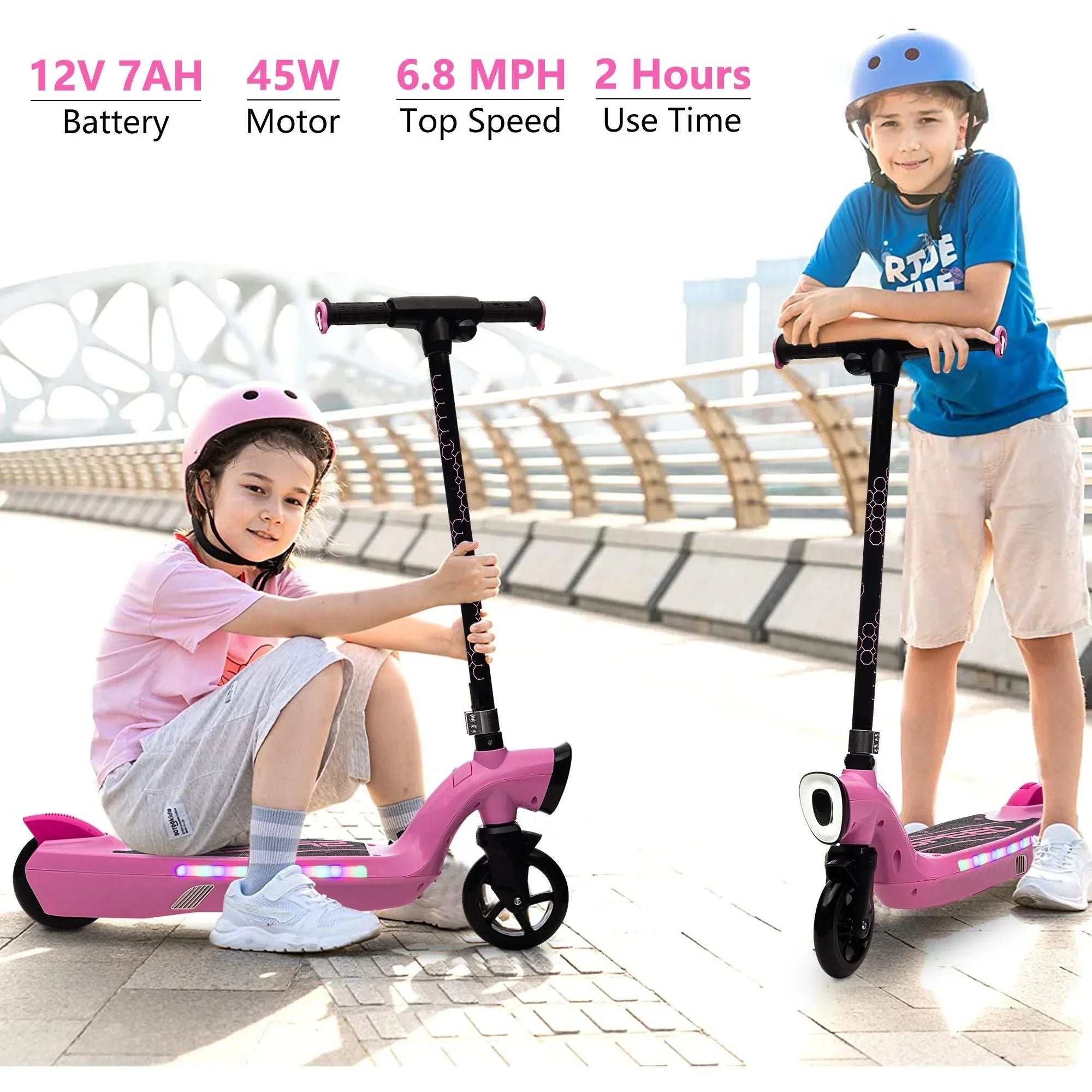 iRerts Kids Electric Scooter for 6-14 Year Old, Portable Kids Scooter for Boys Girls, 12V 45W Kids Electric Scooter with Front Big Light, Rear Brake, Colorful Deck Light, Pink